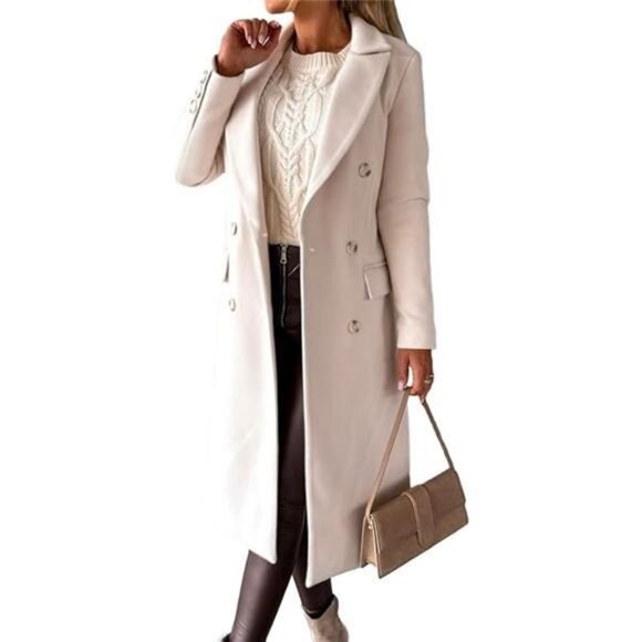 Womens Long Wool Coat Double Breasted Trench Coat Beige - Picture 5 of 5